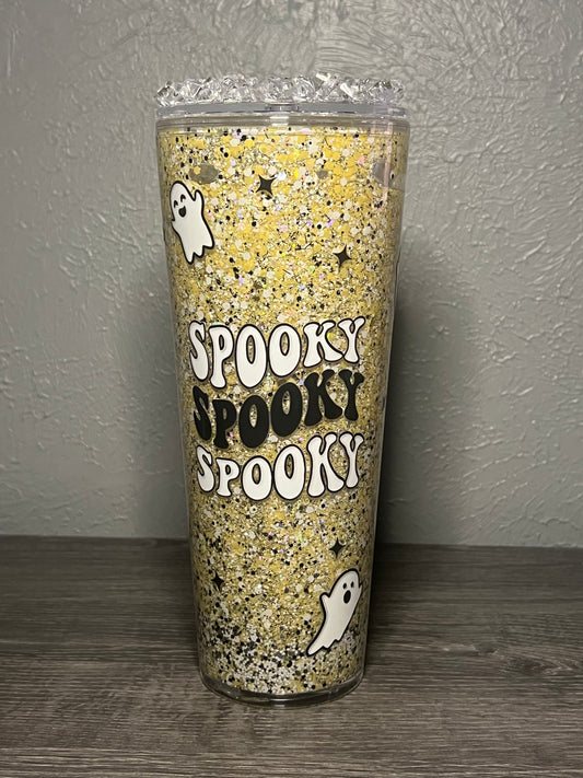 24oz Glitter with glow in dark pumpkins inside pre-made with Halloween wrap