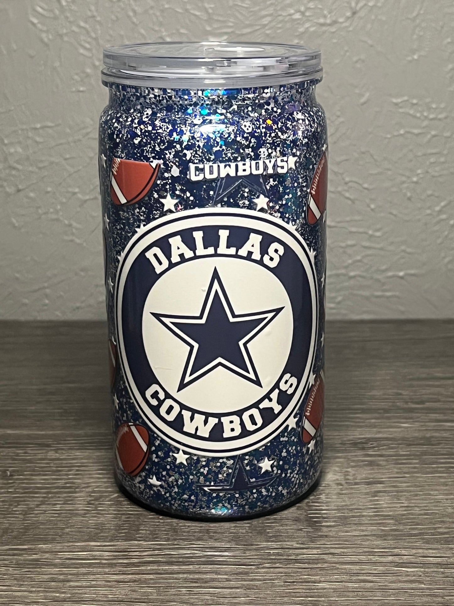 16oz Glitter pre-made with football wrap